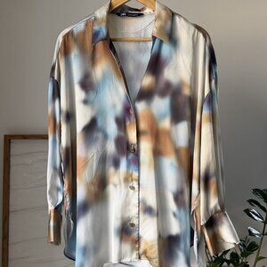 Women's ZARA Button Down Front Top Shirt Oversized Blouse Size Large L